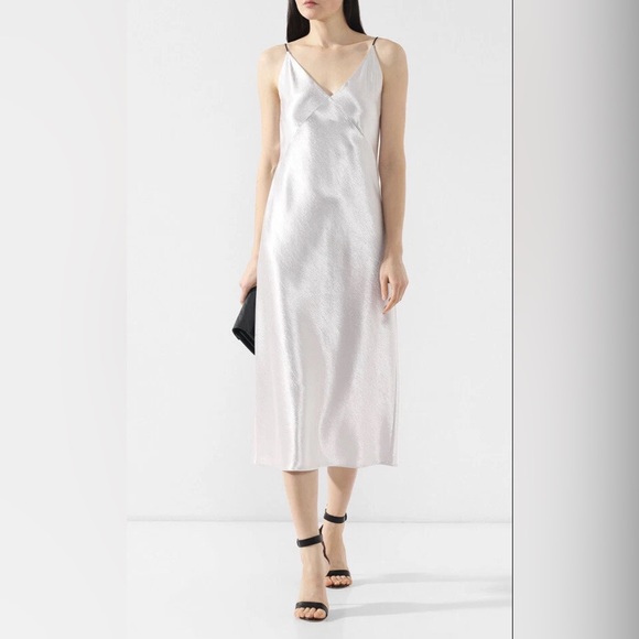 Vince Dresses & Skirts - Vince V-Neck Bias Cut Spaghetti Strap Silky Midi Slip Dress Silver